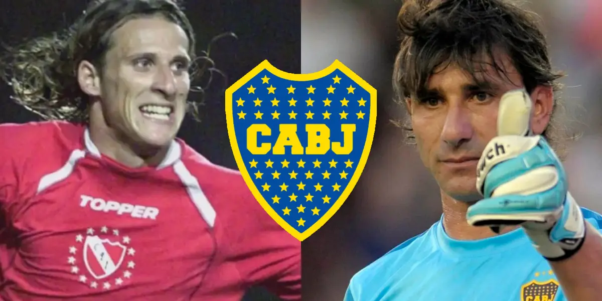 Abbondanzieri con el buzo de Boca y a su lado Diego Forlán en Independiente.