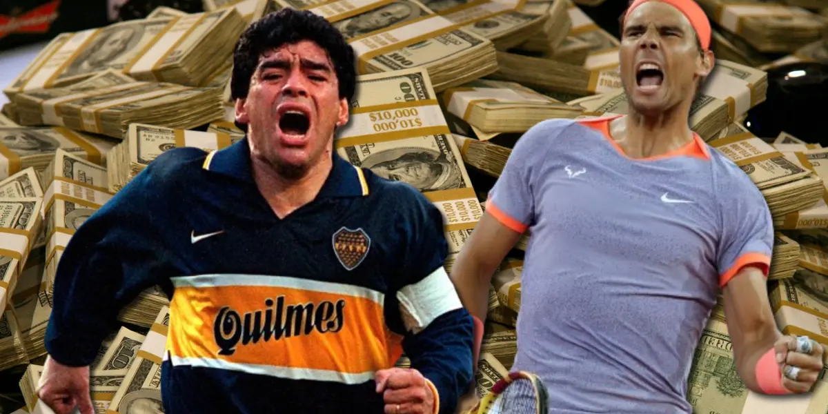 Diego Armando Maradona con la camiseta de Boca y a su lado Rafael Nadal.