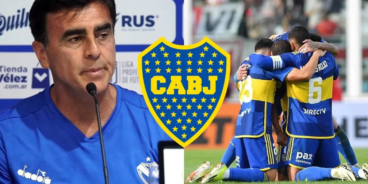 Gustavo Quinteros en conferencia y a su lado, jugador de Boca abrazados.