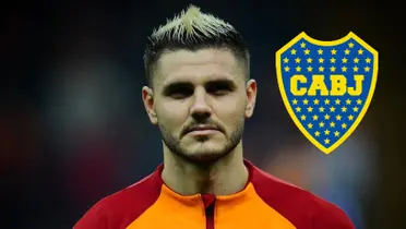 Mauro Icardi con el buzo de Galatasaray y el escudo de Boca.
