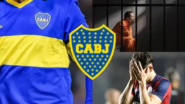 Un jugador de San Lorenzo lamentándose y la camiseta de Boca.