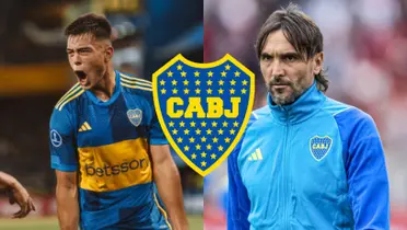 Aaron Anselmino festejando su gol con Boca y Diego Martínez observando.