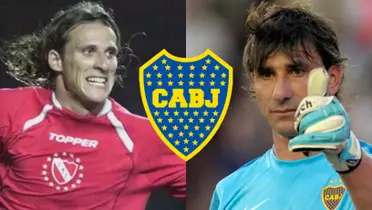 Abbondanzieri con el buzo de Boca y a su lado Diego Forlán en Independiente.