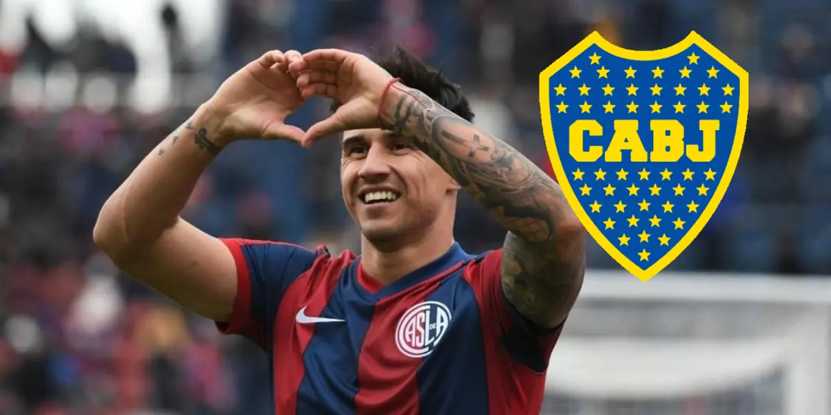 Adam Bareiro con la camiseta de San Lorenzo y el escudo de Boca.