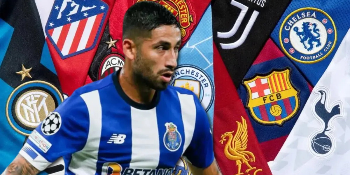 Alan Varela con la camiseta del Porto y de fondo camisetas de otros clubes de Europa.