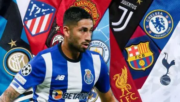 Alan Varela con la camiseta del Porto y de fondo camisetas de otros clubes de Europa.