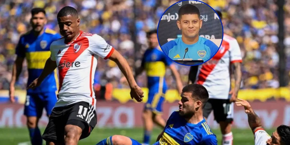 Boca y River en plena acción en un Superclásico y Marcos Rojo sonriendo.