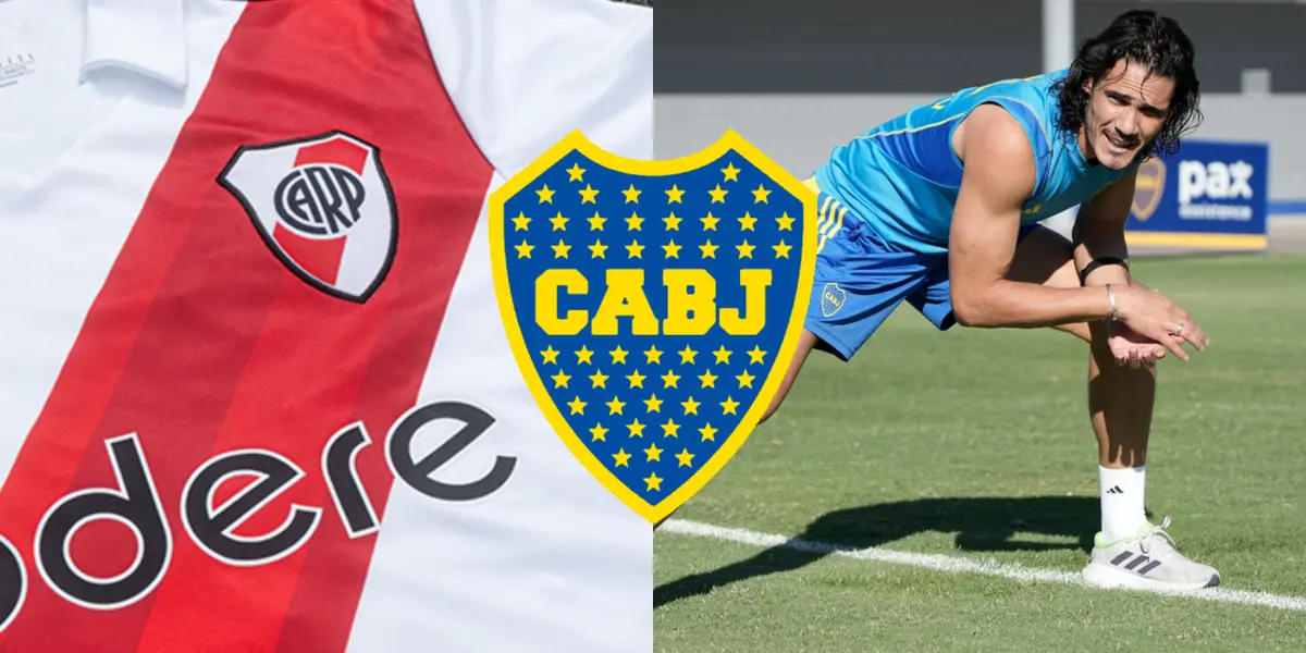 Cavani entrenando y a su lado una camiseta de River.