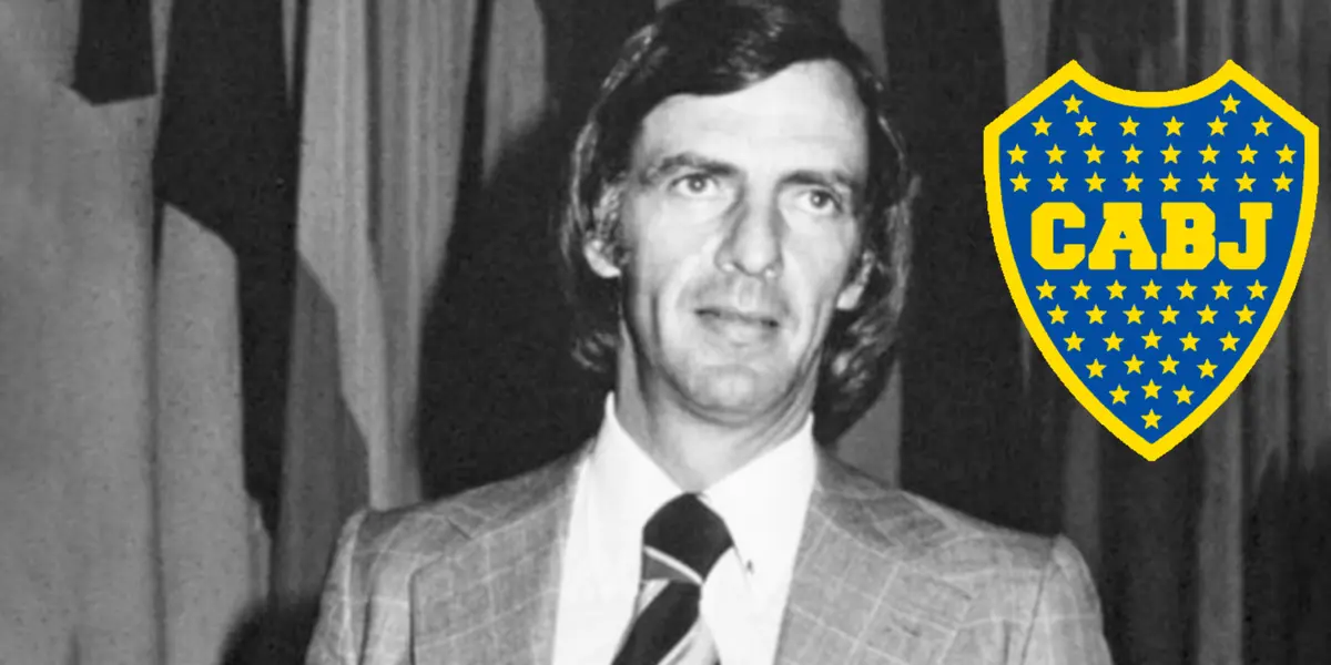 César Luis Menotti de traje y el escudo de Boca.