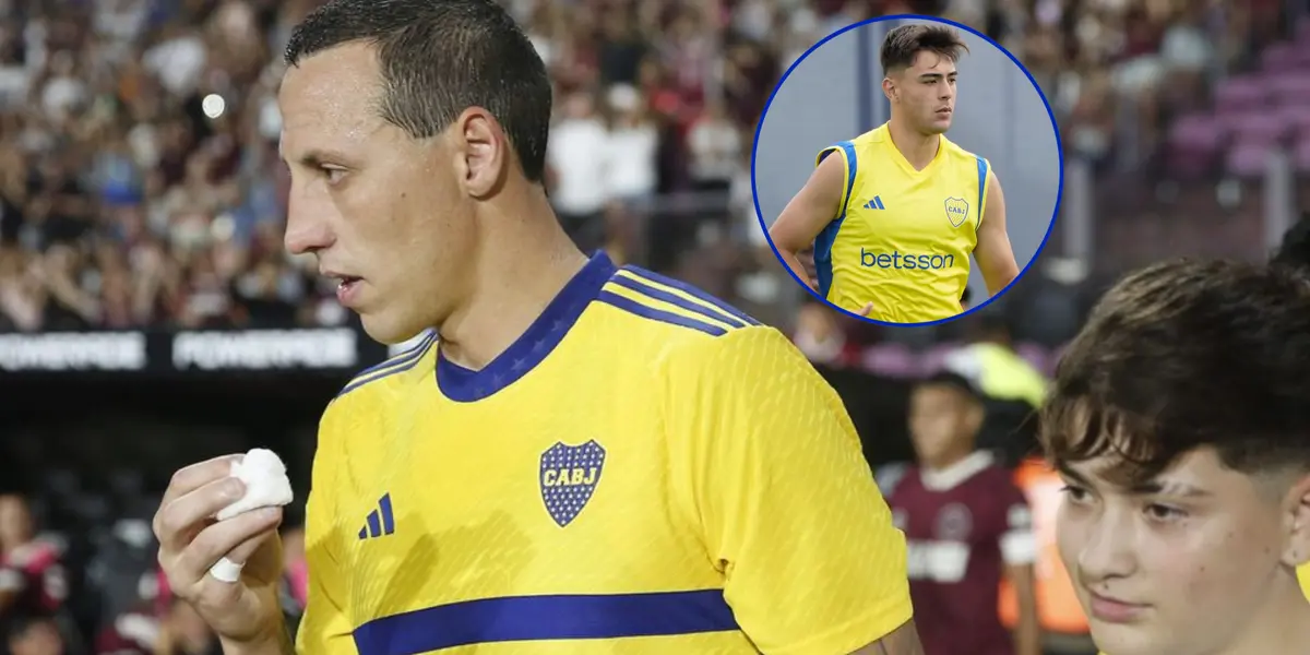 Cristian Lema con la camiseta de Boca y Aaron Anselmino.