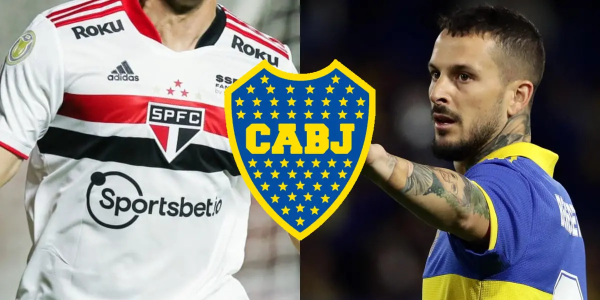 Darío Benedetto con la camiseta de Boca junto a un jugador del Sao Paulo.