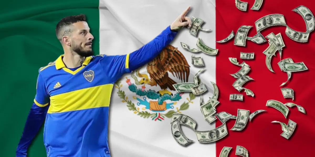 Darío Benedetto con la camiseta de Boca y la bandera de México detrás.