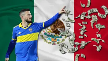 Darío Benedetto con la camiseta de Boca y la bandera de México detrás.