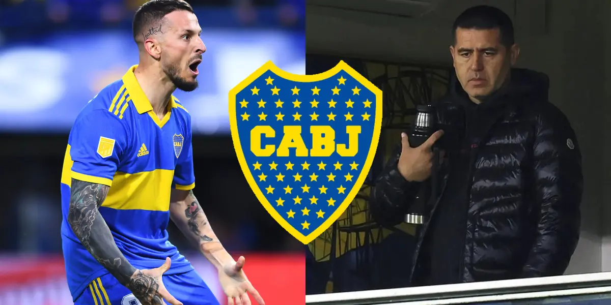 Darío Benedetto con la camiseta de Boca y Riquelme observando desde el palco de la Bombonera.