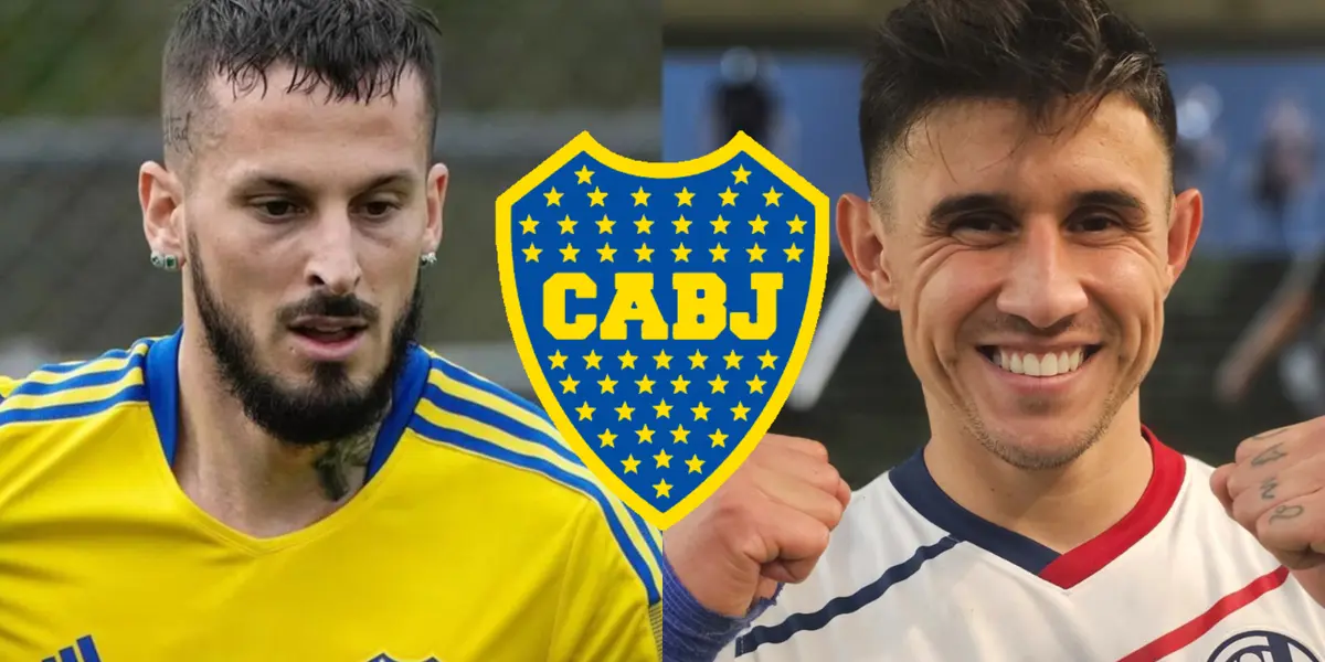 Darío Benedetto en un entrenamiento de Boca y a su lado Adam Bareiro.