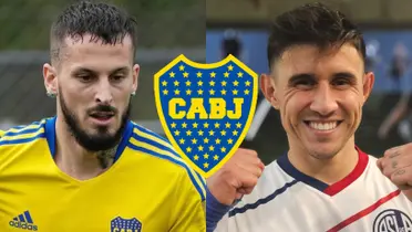 Darío Benedetto en un entrenamiento de Boca y a su lado Adam Bareiro.