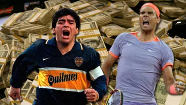 Diego Armando Maradona con la camiseta de Boca y a su lado Rafael Nadal.