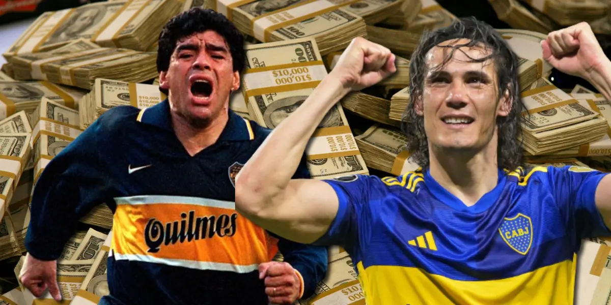 Diego Maradona y Edinson Cavani con la camiseta de Boca.