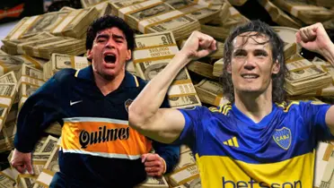 Diego Maradona y Edinson Cavani con la camiseta de Boca.
