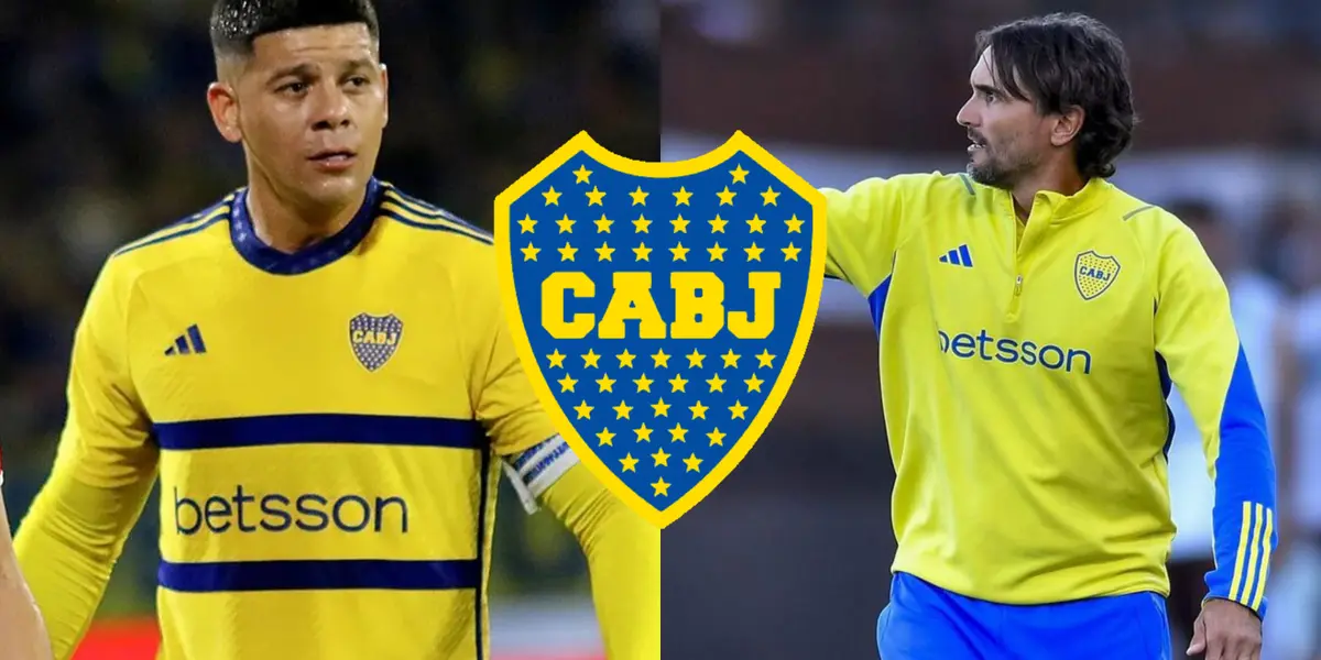 Diego Martínez con el buzo de Boca y a su lado Marcos Rojo.