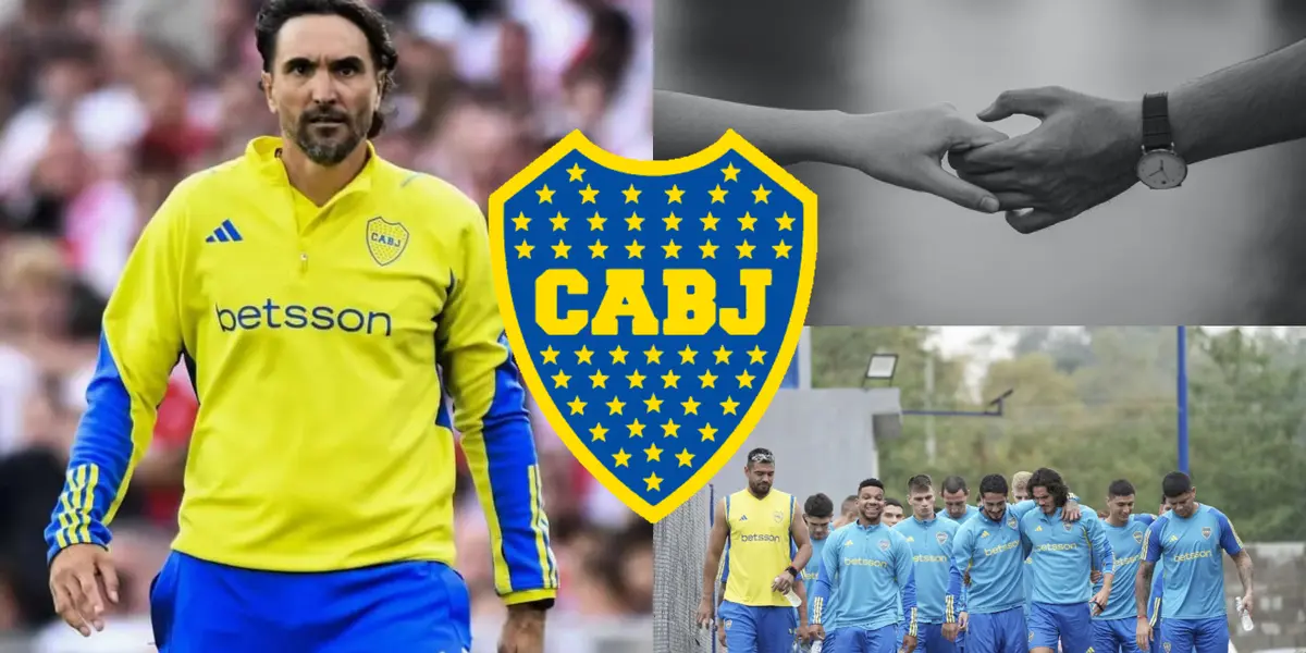 Diego Martínez con la indumentaria de Boca y a su lado, el plantel xeneize.