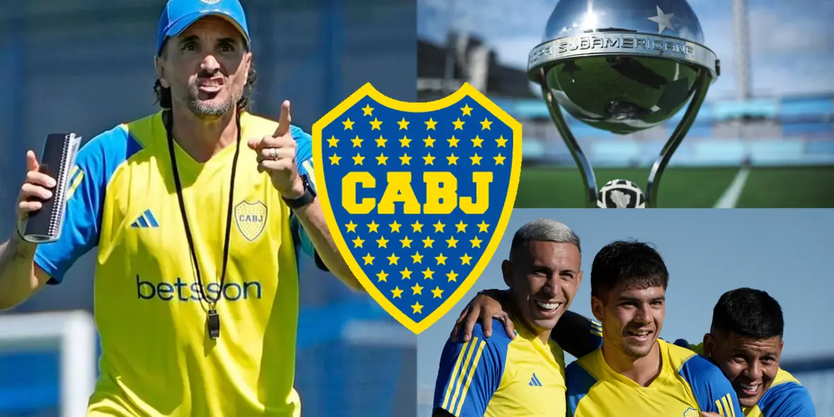 Diego Martínez dando indicaciones a jugadores de Boca y la Copa Sudamericana a su lado.
