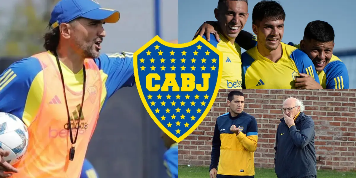 Diego Martínez dando indicaciones y a su lado, algunos jugadores de Boca.