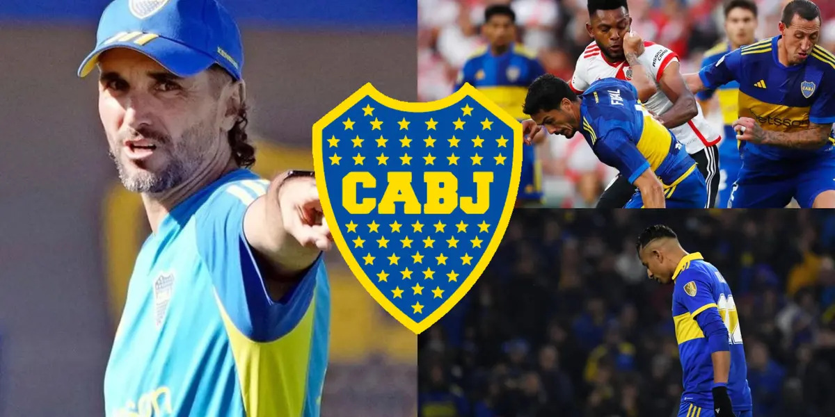 Diego Martínez dando indicaciones y Boca jugando contra River.