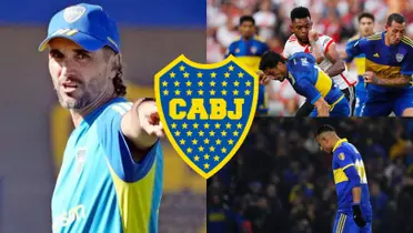 Diego Martínez dando indicaciones y Boca jugando contra River.