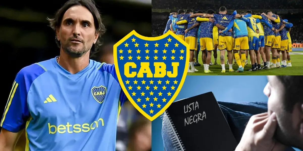 Diego Martínez dando indicaciones y el plantel de Boca reunido.