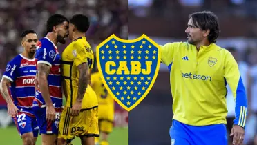 Diego Martínez dando indicaciones y Equi Fernández confrontando a un jugador de Fortaleza.