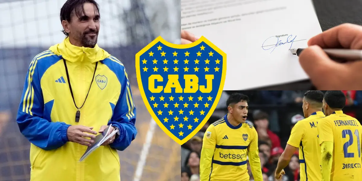 Diego Martínez durante un entrenamiento de Boca y algunos jugadores del Xeneize.