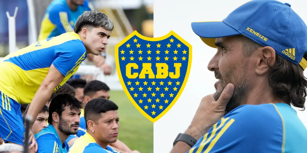 Diego Martínez junto a un grupo de jugador de Boca en el entrenamiento.