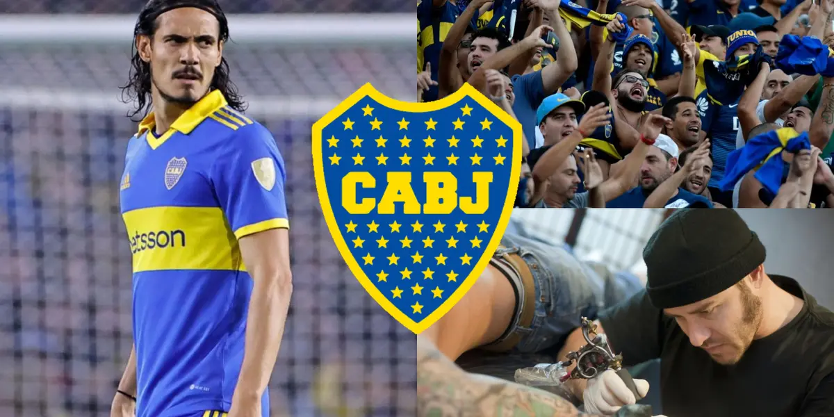 Edinson Cavani junto a hinchas de Boca cantando.