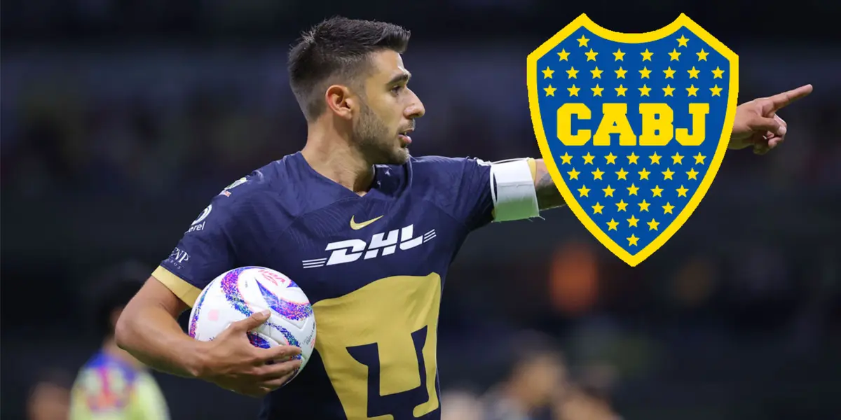 Eduardo Salvio con la camiseta de Pumas y a su lado, el escudo de Boca.