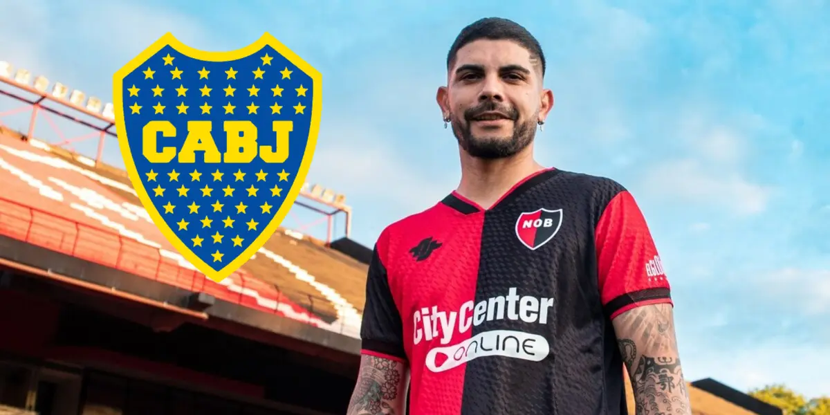 Éver Banega con la camiseta de Newell's y a su lado el escudo de Boca.