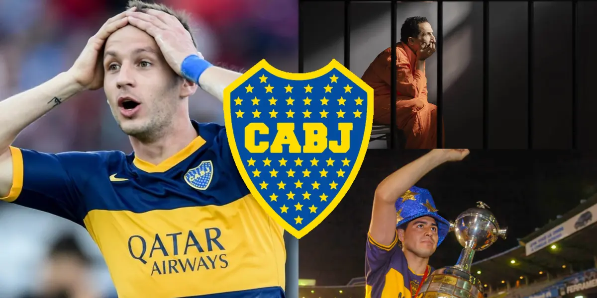 Franco Soldano agarrándose la cabeza y Juan Román Riquelme a su lado.