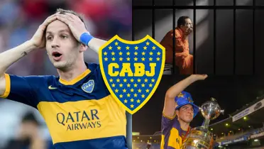 Franco Soldano agarrándose la cabeza y Juan Román Riquelme a su lado.