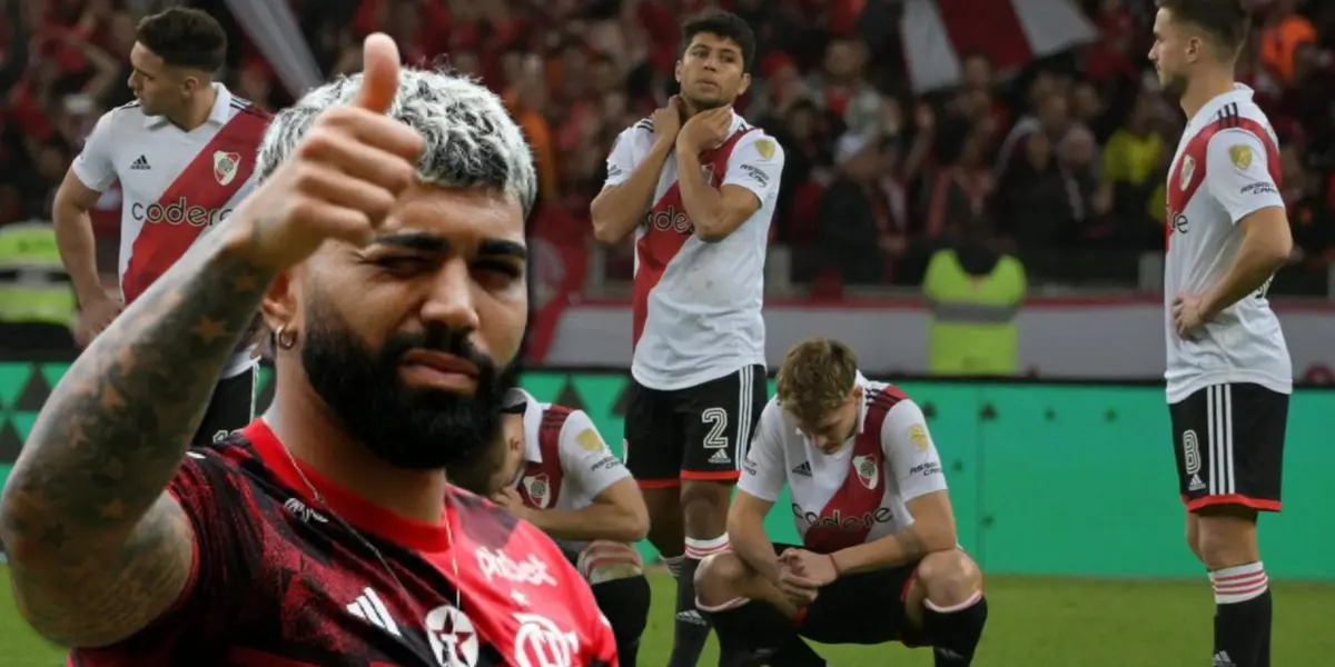 Gabigol con la camiseta de Flamengo y jugadores de River de fondo.