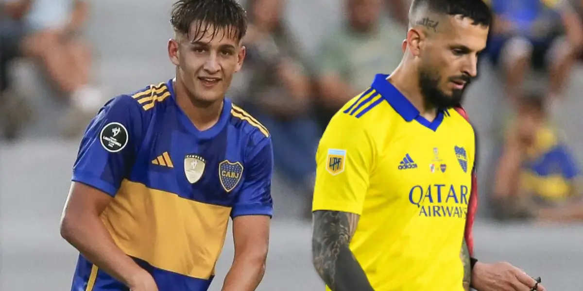 Iker Zufiaurre con la camiseta de Boca y a su lado Benedetto.
