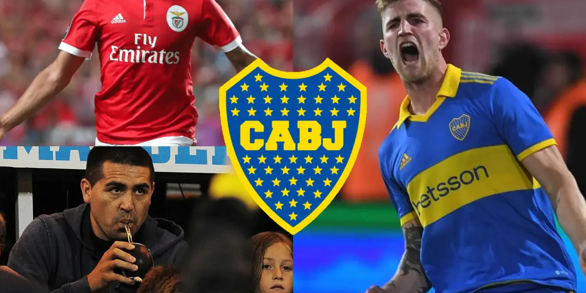 Juan Román Riquelme junto a Nicolás Valentini y un jugador del Benfica.