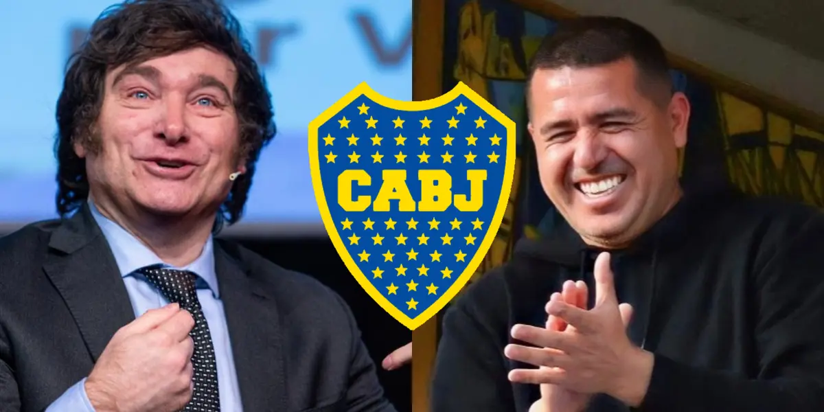 Juan Román Riquelme riendo y a su lado Javier Milei.