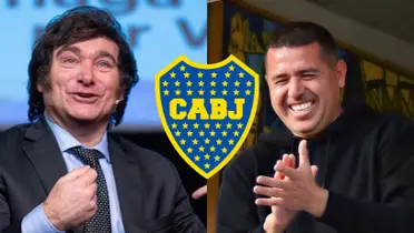 Juan Román Riquelme riendo y a su lado Javier Milei.
