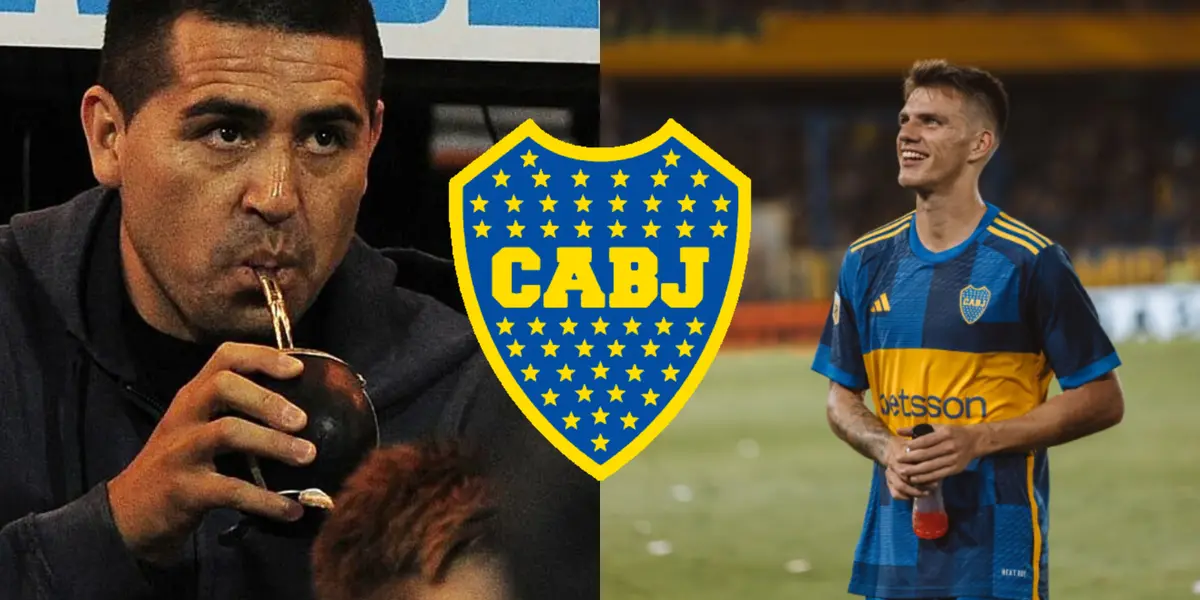 Juan Román Riquelme tomando mate y a su lado, Kevin Zenón en la Bombonera.