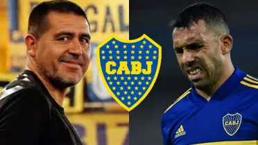 Juan Román Riquelme y a su lado Tévez con la camiseta de Boca.