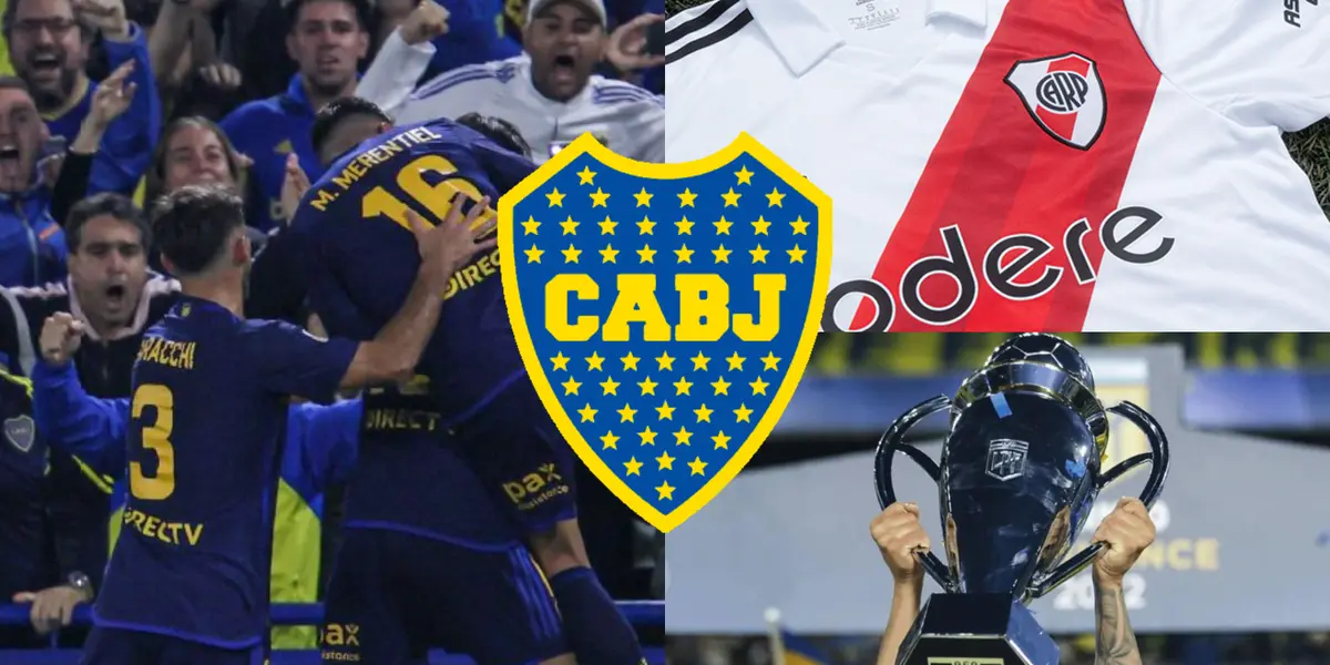 Jugadores de Boca festejando un gol y al lado una camiseta de River.