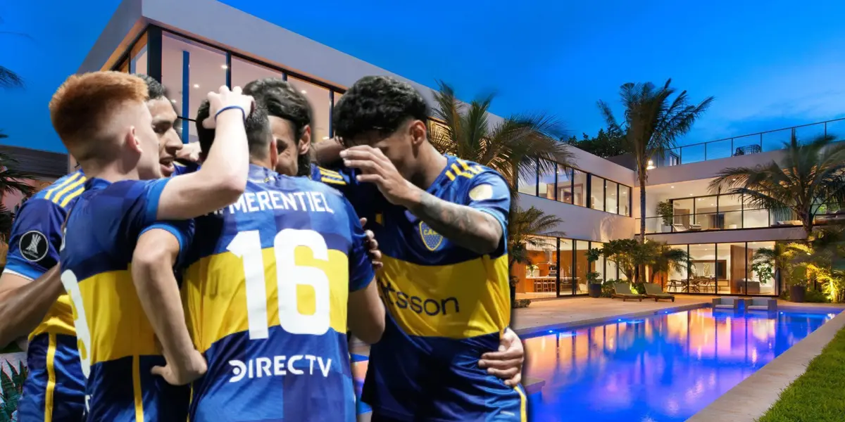 Jugadores de Boca festejando y de fondo una mansión de lujo.