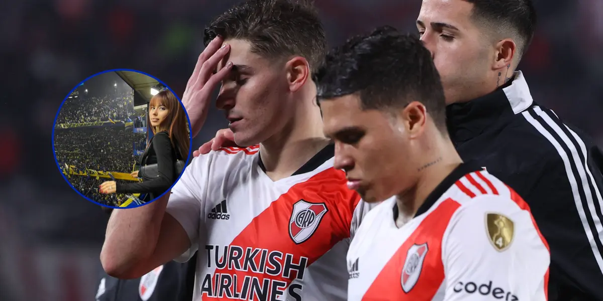 Julián Álvarez y otros jugadores de River lamentándose junto a Sara Duque.