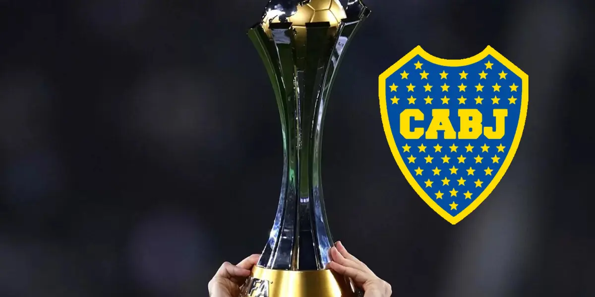 La copa del Mundial de Clubes junto al escudo de Boca.