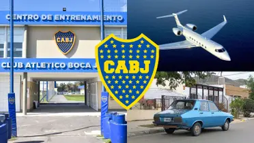 La entrada de Boca Predio y a su lado un Renault 12 y un avión privado.